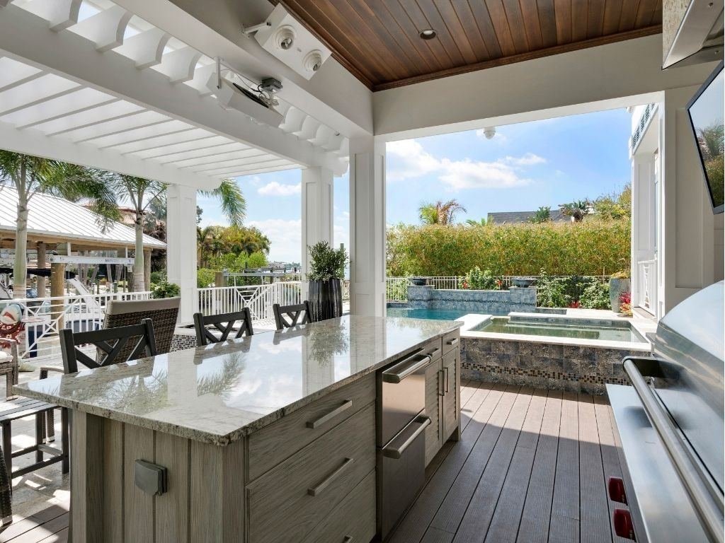 Outdoor kitchen island overlooking the water