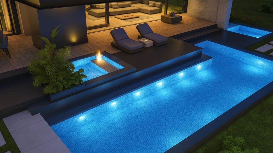 3D rendering of a custom pool with a fire feature at night