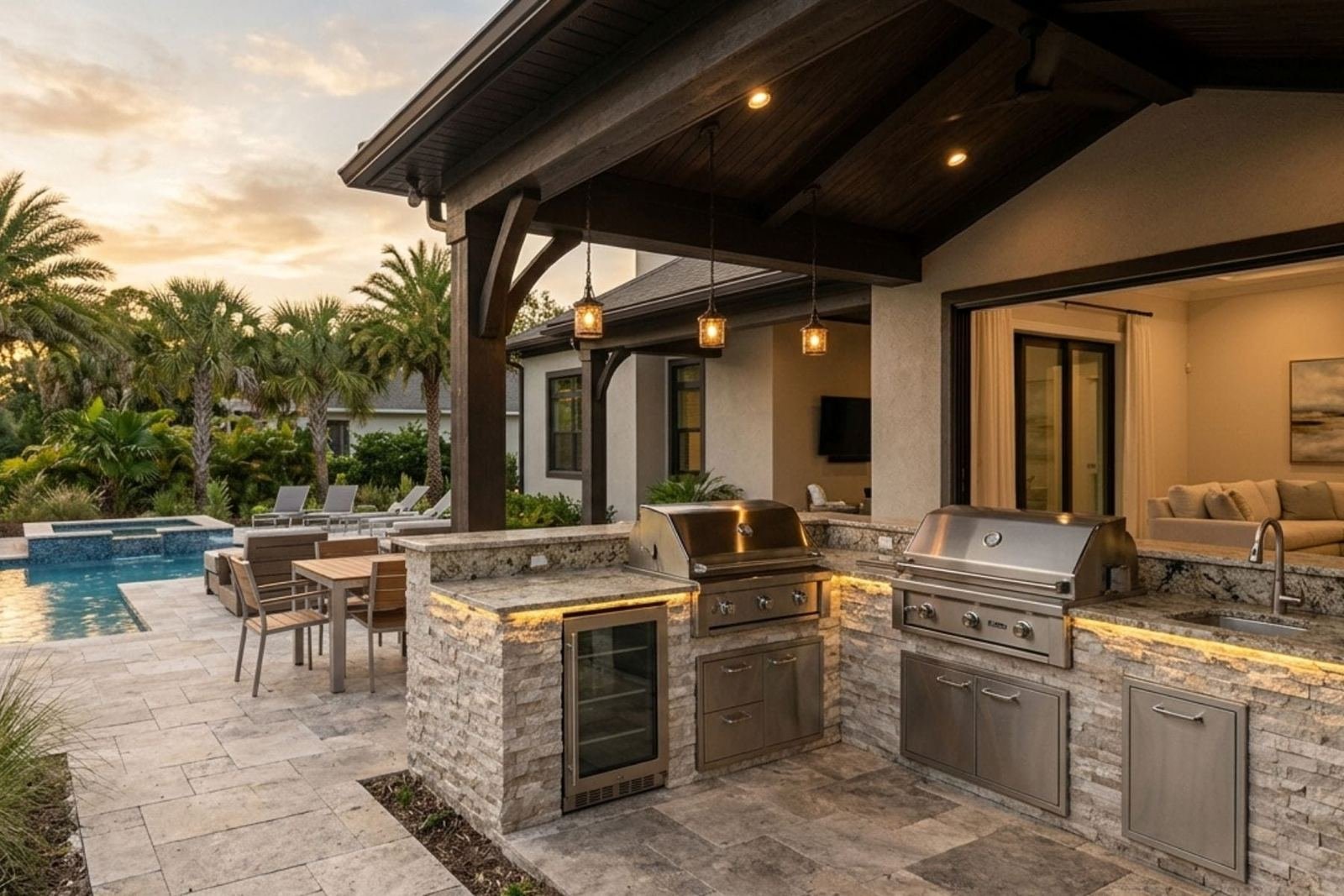 Covered outdoor kitchen beside a pool